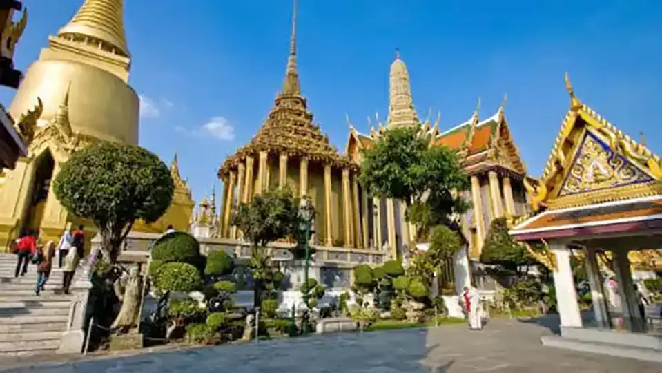 Wat Pho in Bangkok Ornate temple buildings and golden stupas inside the Grand Palace and Wat Phra Kaew complex in Bangkok